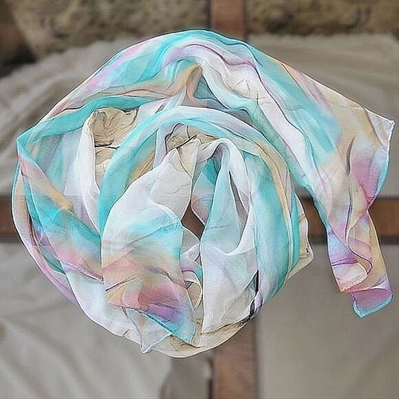 Vtg multicolour pastel watercolour oversized chiffon scarf - Picture 3 of 10